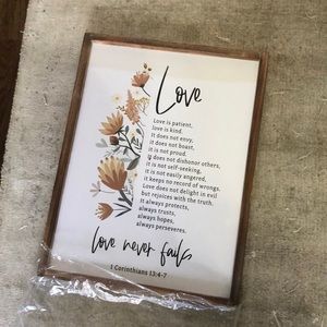 “Love never fails” artwork with wood frame ~12.25” x 16.25”